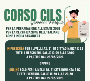 Locandina Corso CILS 2026 Associazione Franco Verga: preparazione esami livelli A2, B1 e B2 in presenza e online con date e contatti.