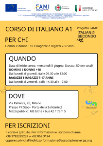 Volantino corso italiano gratuito Milano Progetto FAMI Associazione Verga.
