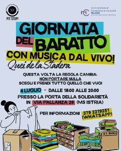 Volantino dell'evento "Giornata del Baratto" a Milano con scritte colorate, illustrazioni di vestiti e scatole, loghi di Porta della Solidarietà e Fondazione di Comunità Milano.
